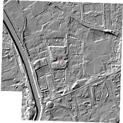 Shaded relief map of the ground around PE133BL, computed from Environment Agency LiDAR. The ground here sits at about 5 m above sea level and falls 7 m across the surrounding 800 m. Surface water reaching this point runs off ground lying to the south-west, 1.0 m higher.