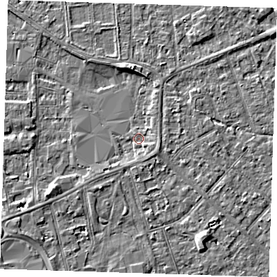 Shaded relief map of the ground around PE133BP, computed from Environment Agency LiDAR. The ground here sits at about 4 m above sea level and falls 4 m across the surrounding 800 m. Surface water reaching this point runs off ground lying to the south-east, 1.6 m higher.