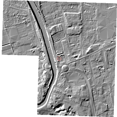 Shaded relief map of the ground around PE133BT, computed from Environment Agency LiDAR. The ground here sits at about 5 m above sea level and falls 8 m across the surrounding 800 m. Surface water reaching this point runs off ground lying to the north-north-west, 1.4 m higher.