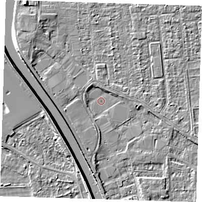 Shaded relief map of the ground around PE133BU, computed from Environment Agency LiDAR. The ground here sits at about 4 m above sea level and falls 8 m across the surrounding 800 m. Surface water reaching this point runs off ground lying to the north-west, 2.6 m higher.
