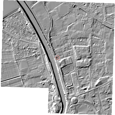 Shaded relief map of the ground around PE133BX, computed from Environment Agency LiDAR. The ground here sits at about 4 m above sea level and falls 7 m across the surrounding 800 m. Surface water reaching this point runs off ground lying to the south-south-east, 1.9 m higher.