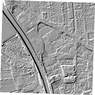 Shaded relief map of the ground around PE133BY, computed from Environment Agency LiDAR. The ground here sits at about 4 m above sea level and falls 7 m across the surrounding 800 m. Surface water reaching this point runs off ground lying to the south-west, 1.6 m higher.