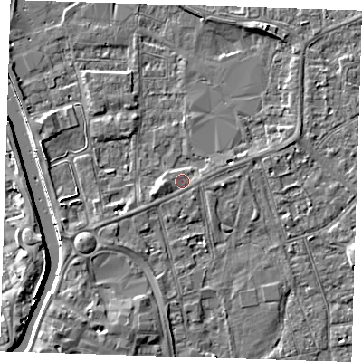 Shaded relief map of the ground around PE133DE, computed from Environment Agency LiDAR. The ground here sits at about 5 m above sea level and falls 8 m across the surrounding 800 m. Surface water reaching this point runs off ground lying to the west-south-west, 1.8 m higher.