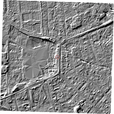 Shaded relief map of the ground around PE133DH, computed from Environment Agency LiDAR. The ground here sits at about 5 m above sea level and falls 4 m across the surrounding 800 m. Surface water reaching this point runs off ground lying to the south, 1.8 m higher.