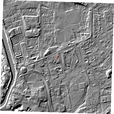 Shaded relief map of the ground around PE133DL, computed from Environment Agency LiDAR. The ground here sits at about 5 m above sea level and falls 8 m across the surrounding 800 m. Surface water reaching this point runs off ground lying to the north-east, 0.7 m higher.