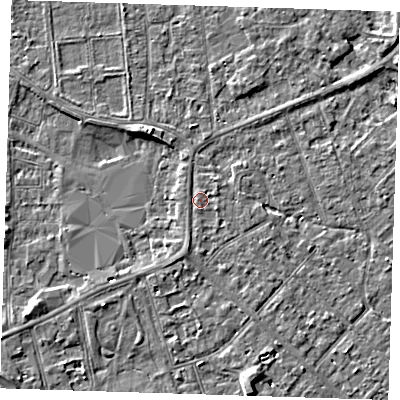 Shaded relief map of the ground around PE133DP, computed from Environment Agency LiDAR. The ground here sits at about 5 m above sea level and falls 4 m across the surrounding 800 m. Surface water reaching this point runs off ground lying to the south-south-west, 1.0 m higher.
