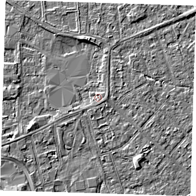 Shaded relief map of the ground around PE133DQ, computed from Environment Agency LiDAR. The ground here sits at about 5 m above sea level and falls 4 m across the surrounding 800 m. Surface water reaching this point runs off ground lying to the east-south-east, 1.3 m higher.