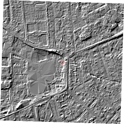 Shaded relief map of the ground around PE133DR, computed from Environment Agency LiDAR. The ground here sits at about 4 m above sea level and falls 4 m across the surrounding 800 m. Surface water reaching this point runs off ground lying to the north-north-west, 3.1 m higher.
