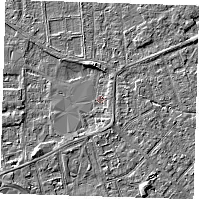 Shaded relief map of the ground around PE133DS, computed from Environment Agency LiDAR. The ground here sits at about 4 m above sea level and falls 4 m across the surrounding 800 m. Surface water reaching this point runs off ground lying to the south-south-east, 1.8 m higher.