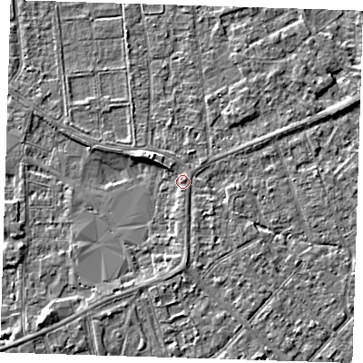 Shaded relief map of the ground around PE133DX, computed from Environment Agency LiDAR. The ground here sits at about 5 m above sea level and falls 4 m across the surrounding 800 m. Surface water reaching this point runs off ground lying to the north-west, 3.1 m higher.