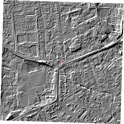 Shaded relief map of the ground around PE133DY, computed from Environment Agency LiDAR. The ground here sits at about 4 m above sea level and falls 4 m across the surrounding 800 m. Surface water reaching this point runs off ground lying to the west-north-west, 0.9 m higher.