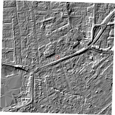 Shaded relief map of the ground around PE133DZ, computed from Environment Agency LiDAR. The ground here sits at about 4 m above sea level and falls 4 m across the surrounding 800 m. Surface water reaching this point runs off ground lying to the east-north-east, 2.3 m higher.