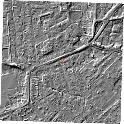 Shaded relief map of the ground around PE133EB, computed from Environment Agency LiDAR. The ground here sits at about 4 m above sea level and falls 4 m across the surrounding 800 m. Surface water reaching this point runs off ground lying to the south-west, 1.8 m higher.
