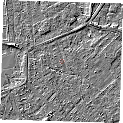 Shaded relief map of the ground around PE133ED, computed from Environment Agency LiDAR. The ground here sits at about 4 m above sea level and falls 4 m across the surrounding 800 m. Surface water reaching this point runs off ground lying to the north-east, 2.5 m higher.