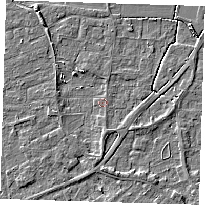 Shaded relief map of the ground around PE133EN, computed from Environment Agency LiDAR. The ground here sits at about 4 m above sea level and falls 5 m across the surrounding 800 m. Surface water reaching this point runs off ground lying to the south, 2.2 m higher.
