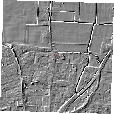 Shaded relief map of the ground around PE133ER, computed from Environment Agency LiDAR. The ground here sits at about 3 m above sea level and falls 5 m across the surrounding 800 m. Surface water reaching this point runs off ground lying to the south-south-west, 0.8 m higher.
