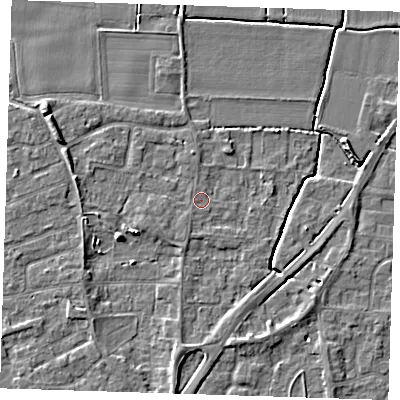 Shaded relief map of the ground around PE133ET, computed from Environment Agency LiDAR. The ground here sits at about 3 m above sea level and falls 5 m across the surrounding 800 m. Surface water reaching this point runs off ground lying to the south-west, 0.6 m higher.