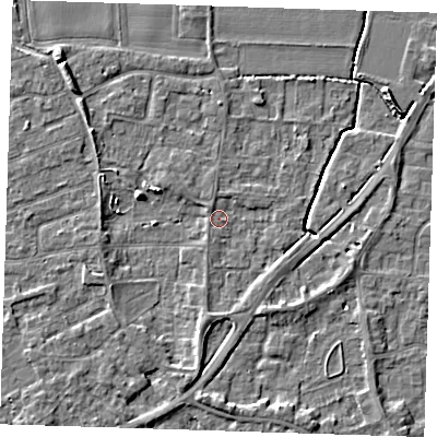 Shaded relief map of the ground around PE133EW, computed from Environment Agency LiDAR. The ground here sits at about 4 m above sea level and falls 5 m across the surrounding 800 m. Surface water reaching this point runs off ground lying to the south, 2.3 m higher.