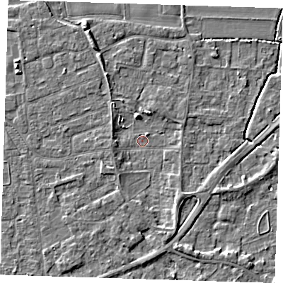 Shaded relief map of the ground around PE133EY, computed from Environment Agency LiDAR. The ground here sits at about 3 m above sea level and falls 5 m across the surrounding 800 m. Surface water reaching this point runs off ground lying to the south-south-east, 2.4 m higher.