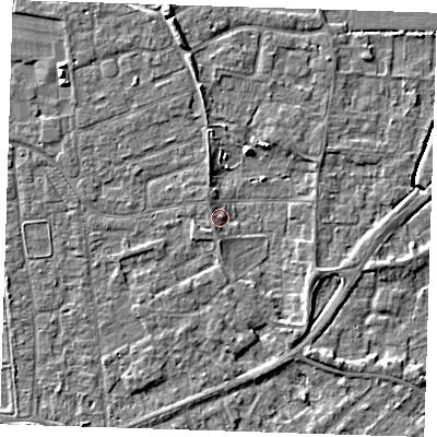 Shaded relief map of the ground around PE133EZ, computed from Environment Agency LiDAR. The ground here sits at about 4 m above sea level and falls 5 m across the surrounding 800 m. Surface water reaching this point runs off ground lying to the south-east, 2.4 m higher.