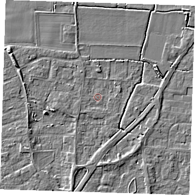 Shaded relief map of the ground around PE133FB, computed from Environment Agency LiDAR. The ground here sits at about 3 m above sea level and falls 5 m across the surrounding 800 m. Surface water reaching this point runs off ground lying to the south-south-west, 2.4 m higher.