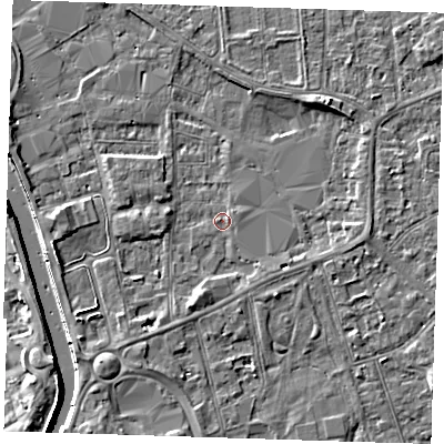 Shaded relief map of the ground around PE133FD, computed from Environment Agency LiDAR. The ground here sits at about 4 m above sea level and falls 7 m across the surrounding 800 m. Surface water reaching this point runs off ground lying to the south-south-west, 2.0 m higher.