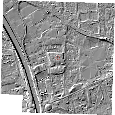 Shaded relief map of the ground around PE133FE, computed from Environment Agency LiDAR. The ground here sits at about 5 m above sea level and falls 7 m across the surrounding 800 m. The ground contributing surface water to this point lies to the north.