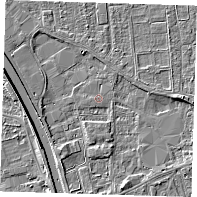 Shaded relief map of the ground around PE133FF, computed from Environment Agency LiDAR. The ground here sits at about 4 m above sea level and falls 7 m across the surrounding 800 m. Surface water reaching this point runs off ground lying to the west, 0.8 m higher.