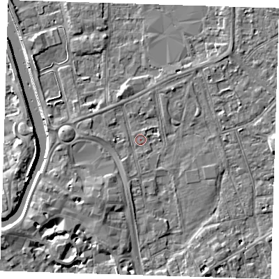 Shaded relief map of the ground around PE133GE, computed from Environment Agency LiDAR. The ground here sits at about 4 m above sea level and falls 12 m across the surrounding 800 m. Surface water reaching this point runs off ground lying to the south-west, 3.4 m higher.