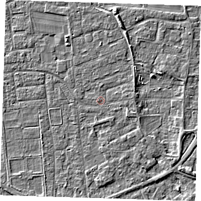 Shaded relief map of the ground around PE133HF, computed from Environment Agency LiDAR. The ground here sits at about 4 m above sea level and falls 4 m across the surrounding 800 m. Surface water reaching this point runs off ground lying to the east-north-east, 1.1 m higher.