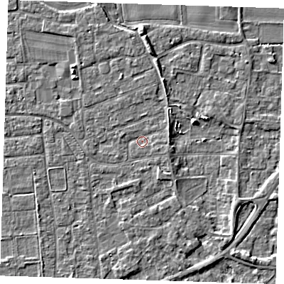 Shaded relief map of the ground around PE133HG, computed from Environment Agency LiDAR. The ground here sits at about 4 m above sea level and falls 4 m across the surrounding 800 m. Surface water reaching this point runs off ground lying to the east-north-east, 1.1 m higher.