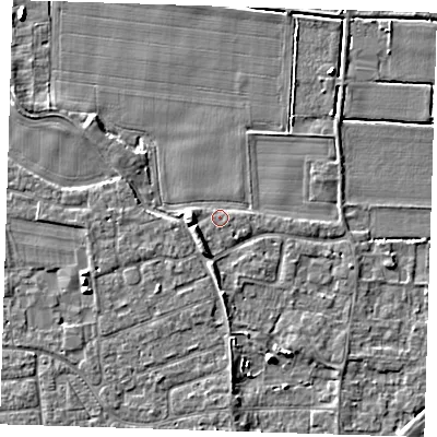 Shaded relief map of the ground around PE133HL, computed from Environment Agency LiDAR. The ground here sits at about 4 m above sea level and falls 5 m across the surrounding 800 m. Surface water reaching this point runs off ground lying to the south-west, 2.9 m higher.
