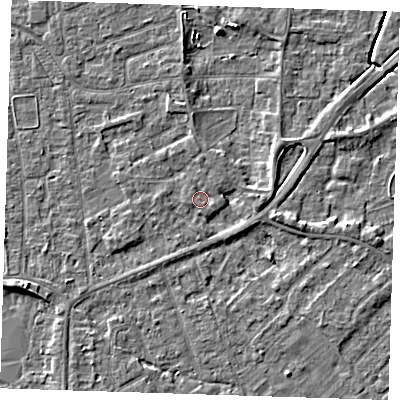 Shaded relief map of the ground around PE133HP, computed from Environment Agency LiDAR. The ground here sits at about 4 m above sea level and falls 5 m across the surrounding 800 m. Surface water reaching this point runs off ground lying to the north, 1.1 m higher.
