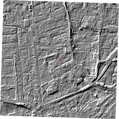 Shaded relief map of the ground around PE133HS, computed from Environment Agency LiDAR. The ground here sits at about 4 m above sea level and falls 4 m across the surrounding 800 m. Surface water reaching this point runs off ground lying to the north-east, 1.3 m higher.