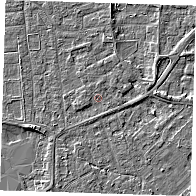 Shaded relief map of the ground around PE133HY, computed from Environment Agency LiDAR. The ground here sits at about 4 m above sea level and falls 4 m across the surrounding 800 m. Surface water reaching this point runs off ground lying to the east-north-east, 2.3 m higher.