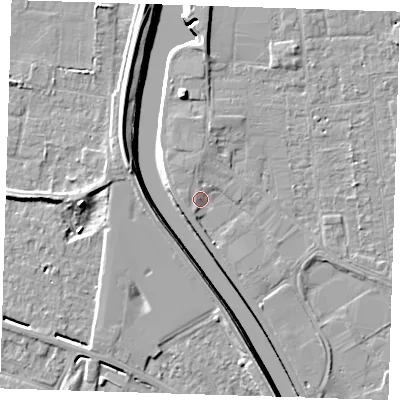 Shaded relief map of the ground around PE133HZ, computed from Environment Agency LiDAR. The ground here sits at about 5 m above sea level and falls 8 m across the surrounding 800 m. Surface water reaching this point runs off ground lying to the south-south-west, 1.3 m higher.