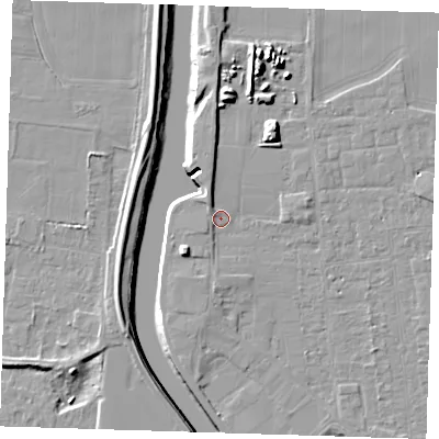 Shaded relief map of the ground around PE133JG, computed from Environment Agency LiDAR. The ground here sits at about 4 m above sea level and falls 10 m across the surrounding 800 m. Surface water reaching this point runs off ground lying to the south, 2.2 m higher.
