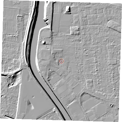 Shaded relief map of the ground around PE133JJ, computed from Environment Agency LiDAR. The ground here sits at about 4 m above sea level and falls 9 m across the surrounding 800 m. Surface water reaching this point runs off ground lying to the north-west, 1.8 m higher.