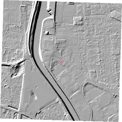 Shaded relief map of the ground around PE133JL, computed from Environment Agency LiDAR. The ground here sits at about 5 m above sea level and falls 8 m across the surrounding 800 m. Surface water reaching this point runs off ground lying to the north-west, 1.8 m higher.