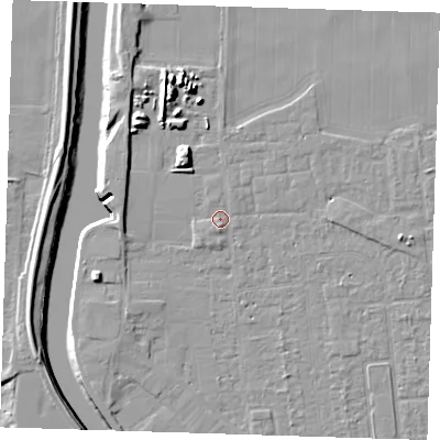 Shaded relief map of the ground around PE133JP, computed from Environment Agency LiDAR. The ground here sits at about 4 m above sea level and falls 10 m across the surrounding 800 m. Surface water reaching this point runs off ground lying to the south, 1.2 m higher.