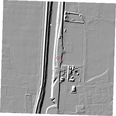 Shaded relief map of the ground around PE133JQ, computed from Environment Agency LiDAR. The ground here sits at about 6 m above sea level and falls 10 m across the surrounding 800 m. Surface water reaching this point runs off ground lying to the south-south-west, 0.9 m higher.