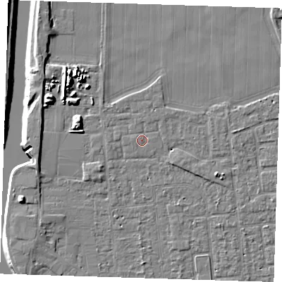 Shaded relief map of the ground around PE133JR, computed from Environment Agency LiDAR. The ground here sits at about 4 m above sea level and falls 10 m across the surrounding 800 m. Surface water reaching this point runs off ground lying to the north-north-west, 0.6 m higher.