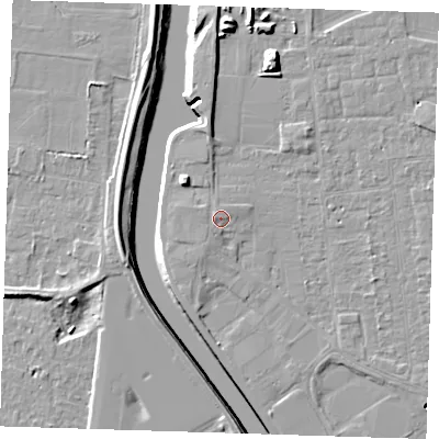 Shaded relief map of the ground around PE133JS, computed from Environment Agency LiDAR. The ground here sits at about 6 m above sea level and falls 9 m across the surrounding 800 m. Surface water reaching this point runs off ground lying to the west-north-west, 0.6 m higher.