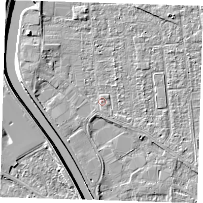 Shaded relief map of the ground around PE133JT, computed from Environment Agency LiDAR. The ground here sits at about 4 m above sea level and falls 8 m across the surrounding 800 m. Surface water reaching this point runs off ground lying to the south-south-west, 1.0 m higher.