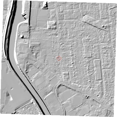 Shaded relief map of the ground around PE133JW, computed from Environment Agency LiDAR. The ground here sits at about 4 m above sea level and falls 9 m across the surrounding 800 m. Surface water reaching this point runs off ground lying to the north-west, 2.9 m higher.