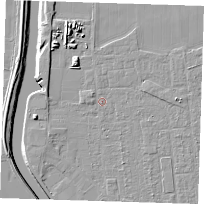 Shaded relief map of the ground around PE133JX, computed from Environment Agency LiDAR. The ground here sits at about 4 m above sea level and falls 10 m across the surrounding 800 m. Surface water reaching this point runs off ground lying to the west-north-west, 1.2 m higher.
