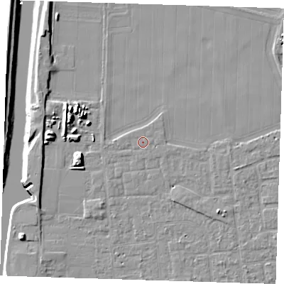 Shaded relief map of the ground around PE133JY, computed from Environment Agency LiDAR. The ground here sits at about 4 m above sea level and falls 10 m across the surrounding 800 m. Surface water reaching this point runs off ground lying to the west, 0.6 m higher.