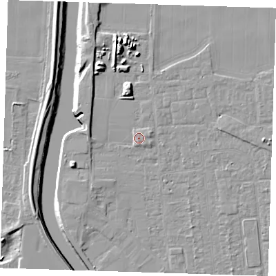 Shaded relief map of the ground around PE133JZ, computed from Environment Agency LiDAR. The ground here sits at about 5 m above sea level and falls 10 m across the surrounding 800 m. Surface water reaching this point runs off ground lying to the south, 1.2 m higher.