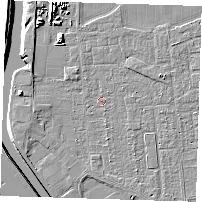 Shaded relief map of the ground around PE133LA, computed from Environment Agency LiDAR. The ground here sits at about 4 m above sea level and falls 10 m across the surrounding 800 m. Surface water reaching this point runs off ground lying to the north-north-west, 1.1 m higher.