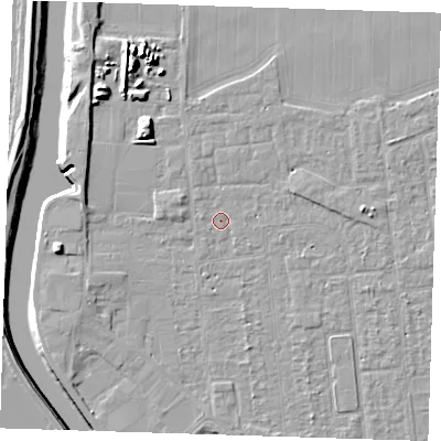 Shaded relief map of the ground around PE133LB, computed from Environment Agency LiDAR. The ground here sits at about 4 m above sea level and falls 10 m across the surrounding 800 m. Surface water reaching this point runs off ground lying to the north-west, 0.7 m higher.